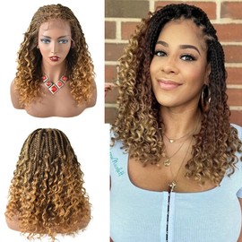 Healthlif 18 Inch Box Braided Wigs For Black Women Soft HD Lace 4 3/4" x12 1/2" Lace Front Braids Wigs Twist Knotless Short Braiding Wig Synthetic Light Weight Curly Wavy#1B/27T-#Black/KhakiT