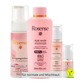 Rosense Pflegeset für normale/Mischhaut: Reinigungsschaum 150ml mit Panthenol, Rosenwasser/Gesichtswasser 300ml, Gesichtscreme mit Hyaluronsäure 50ml, Augenserum 15ml - Hautpflegepaket