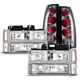 AKKON - Fits 1994-1998 C/K 1500 2500 3500 Tahoe Suburban Pickup Chrome Headlight + Corner + Bumper Signal Lamp + Tail Light Pair