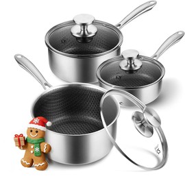 KOCH SYSTEME CS Hybrid Nonstick Stainless Steel Saucepan Set, 6-Piece Triply Stainless Steel Saucepan Set with Hybrid Honeycomb Interior, 1QT & 2QT & 3QT Sauce Pans, Induction Ready, Steel Pot Set