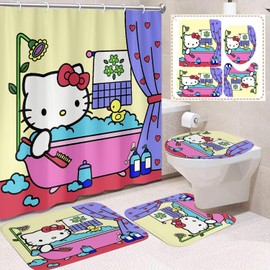 TOCKFIT Cute for Kitty Shower Curtain Set 4 Piece with Non-Slip Rugs, Toilet Lid Cover and Bath Mat Cartoon Bathroom Decor 72 x 72inch, (Kitty-1)