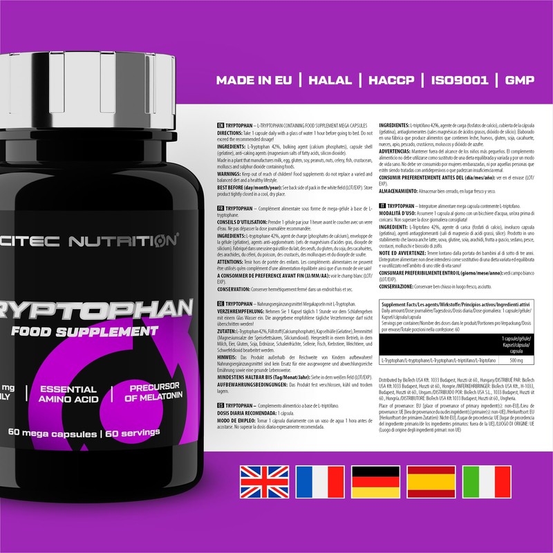 Scitec Nutrition Tryptophan, dietary supplement mega capsules with L-tryptophan, 60
