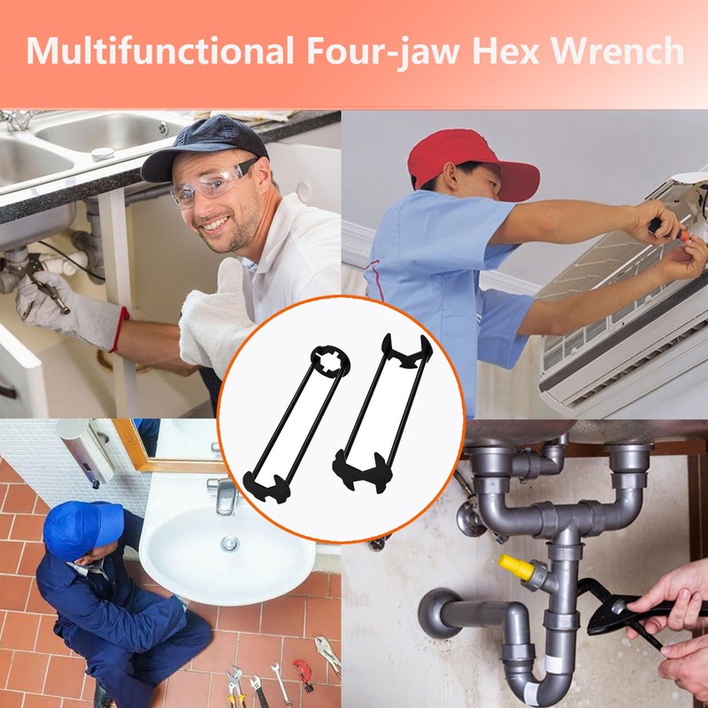2 Pcs Four-jaw Hex Wrench, Basin Wrench Set,Tight Spaces Maintenance