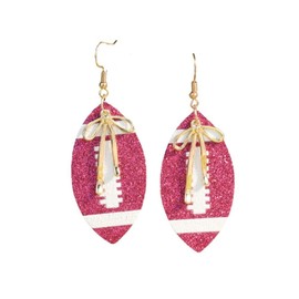 Glitter Football Faux Leather Dangle Earrings Colorful Bow Rugby Leather Teardrop Earrings Creative Sports Lover Jewelry Gifts for Women-Pink
