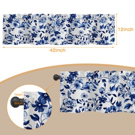 Eflxamz Navy Watercolor Flowers Semi Sheer Valance Windows Curtain, Rod Pocket Short Window Treatment Light Filtering Decor for Kitchen Living Room Bedroom - 42"x12"