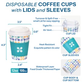 Homestockplus 12 oz Disposable Coffee Cups 100 Count -Sturdy Thick Paper & Leak-free to Go Paper Coffee Cups with Lids & Sleeves for Cold and Hot Drinks, Paper Cups for Home, Party, Family, Office