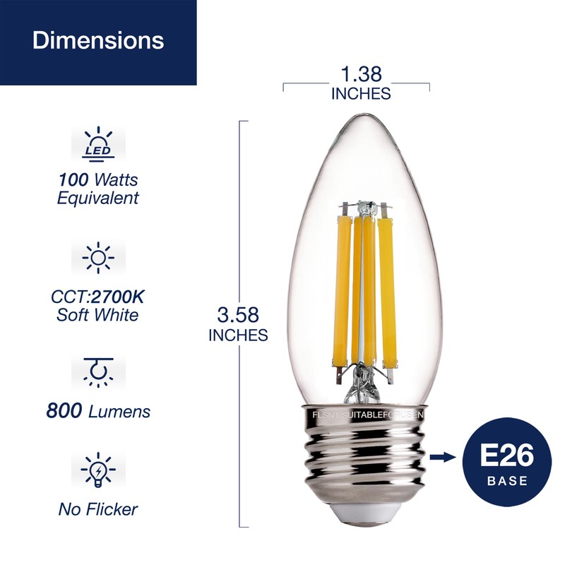 FLSNT 100W Equivalent LED Candelabra Bulbs, 800LM Dimmable LED Chandelier
