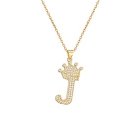 cmoonry A-Z Crown Initial Necklace for Men Women 14K Gold Plated Iced Out Monogram Pendant with 18" Chain+2"(Extended) DIY Name Jewelry (Initial J)