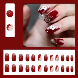 Red Fake Nails Medium Square Coffin Press on Nails with Flower Charm Design Silver French Tip Stick on Nails Pink Acrylic False Nails Includes 24 Fake Nails 24 Jelly Gels 1 Manicure Stick 1 Mini File