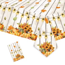 PUEVENYI 1PCS Fall Maple Pumpkin Tablecloth - 108 x 54 Inch Disposable Rectangle Plastic Tablecloth Thanksgiving Leaves Table Cover Party Supply for Autumn Birthday Anniversary Decoration