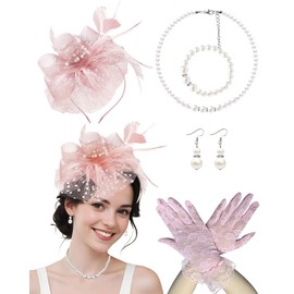 5 Pack Blush Pink Fascinators Hat for Women Tea Party Veil Mesh Headband Feather Derby Hat Lace Gloves Pearl Jewelry Set for 1920s Party Outfit Costume Accessories