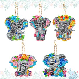 JSRQT 5 PCS Diamond Pasted Painting Keychain Kit Elephant Crafts Diamond Art Keyrings Double Sided Diamond Rhinestone Painting Key Chains Pendant Full Drill Mosaic Making for Handbag Purse Beginners