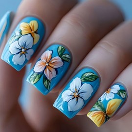 24Pcs Spring Summer Press on Nails Bright Floral Matte Fake Nails Short Square Acrylic Nails Colorful Flower Stick on Nails Reusable Artificial Nails for Women Girls Spring Summer Nail Art