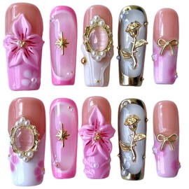 Handmade Press on Nails 3D Floral - Pink Nude Vintage Gold Rose & Pearl Design, Medium Long Square False Nails Reusable Acrylic Fake Nails (Mist Pink, S)