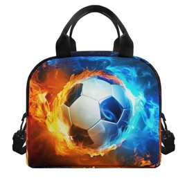 Showudesigns Water Flame Football Insulated Lunch Bags for Women Small Cute Cooler Bag Soccer Lunch Box Reusable Shopping Bag with Adjustable Shoulder Strap Meal Container Lunch Tote Bag