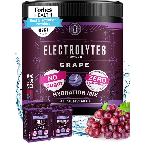 KEY NUTRIENTS Electrolytes Powder No Sugar - Fruity Grape Electrolyte Drink Mix - Hydration Powder - No Calories, Gluten Free - Powder and Packets (20, 40 or 90 Servings).