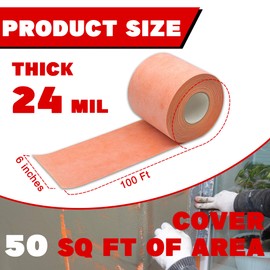 OKQX 6”x100Ft Waterproof Membrane for Shower - 24 Mil Polyethylene-Polypropylene Waterproofing Membrane Fabric for Bathroom, Garage, Gutter & More (Orange)