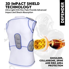 Exxact Sports Adult Defender” Protective 5-Padded Shirt for Football/Basketball w/Integrated Ribs, Spine, Shoulder Padding, White, Large