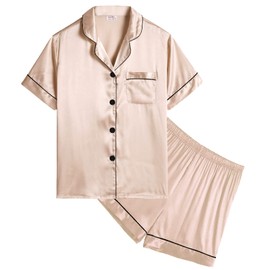 SWOMOG Silk Satin Pajamas Set Short Sleeve Button-Down PJs Two-Piece Lounge Sets Sleepwear