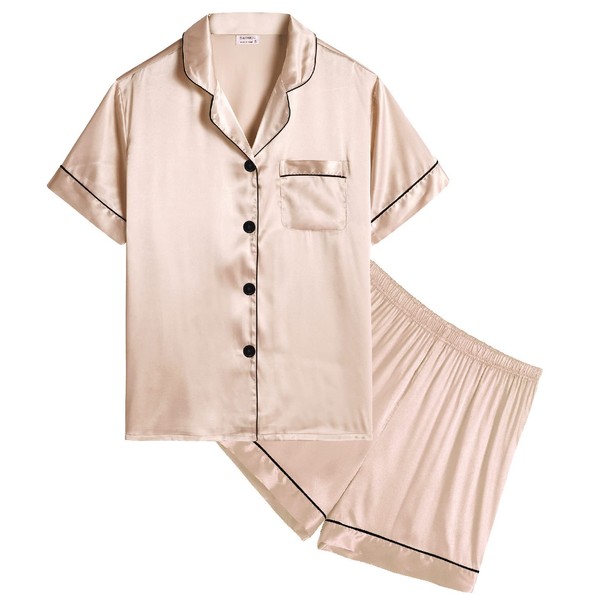SWOMOG Silk Satin Pajamas Set Short Sleeve Button-Down PJs Two-Piece