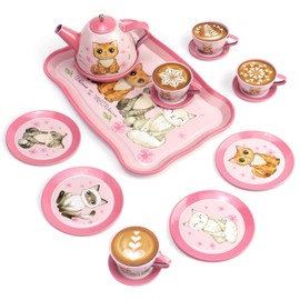 Cat Tea Party Set for Little Girls - 18pcs Tin Tea Set for Kids Tea Time Includes Teapot, 4 Tea Cup and Saucers Set for Toddlers Ages 3 4 5 6 Year Old