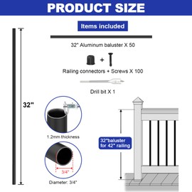 CKE 50 Pack 32" Round Aluminum Deck Balusters, 3/4" Diameter Hollow Round Black Aluminum Balusters for Deck Railing, Metal Deck Baluster Staircase Spindles with Screws/Conector for Railing Fencing R32