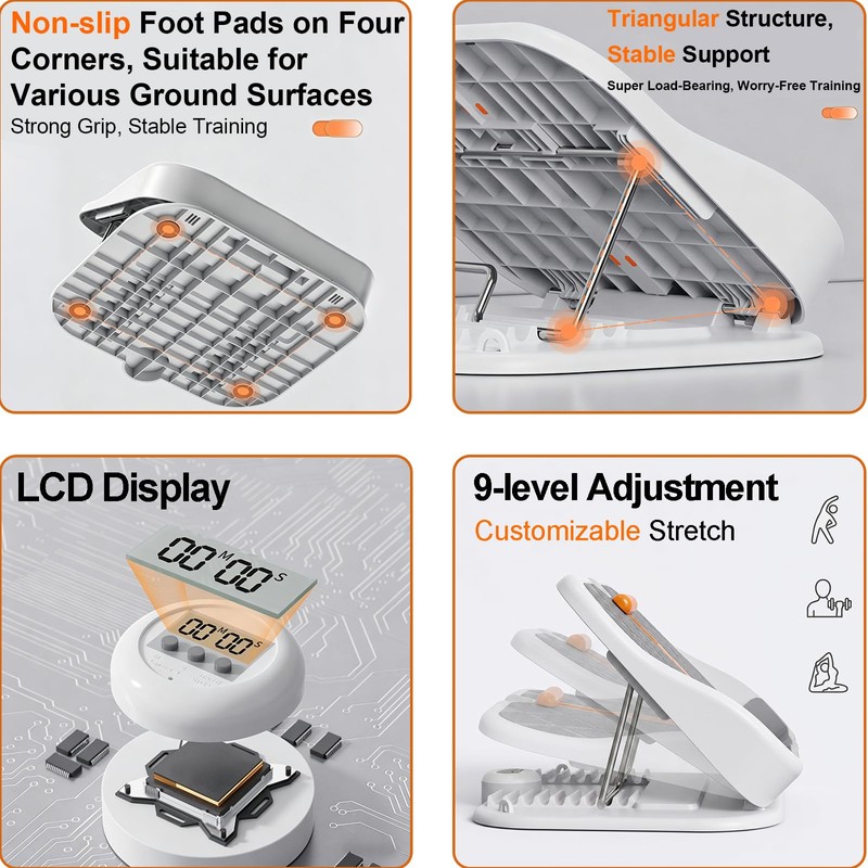 Vicamy Slant Board with Finger/Toe Resistance Bands,9-Level Adjustable,LCD Display,Load Capacity