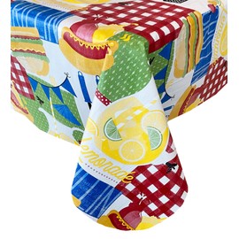 Newbridge Whimsical Backyard BBQ Vinyl Flannel Backed Tablecloth, Fun Barbeque and Grill Theme Design Waterproof Patio, BBQ, Picnic, Indoor Outdoor Tablecloth, 60 Inch x 84 Inch Oval