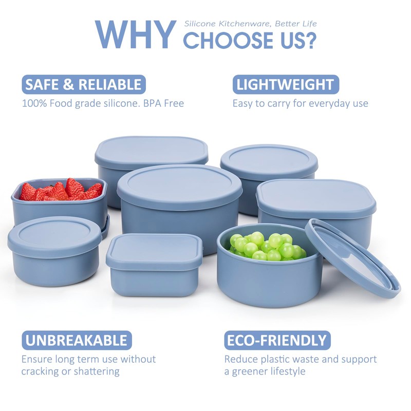 100% Silicone Food Storage Containers with Lids, 8 Pack, 10oz