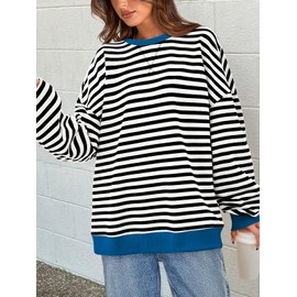 PRETTYGARDEN Womens Striped Oversized Sweatshirt Color Block Crew Neck Long Sleeve Casual Loose Pullover Top Y2K Clothes (Black White, Large)