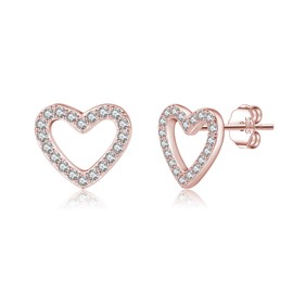 Reffeer Solid 925 Sterling Silver CZ Heart Stud Earrings for Women Teens Open Heart Earrings Stud Hypoallergenic (C-Rose Gold)