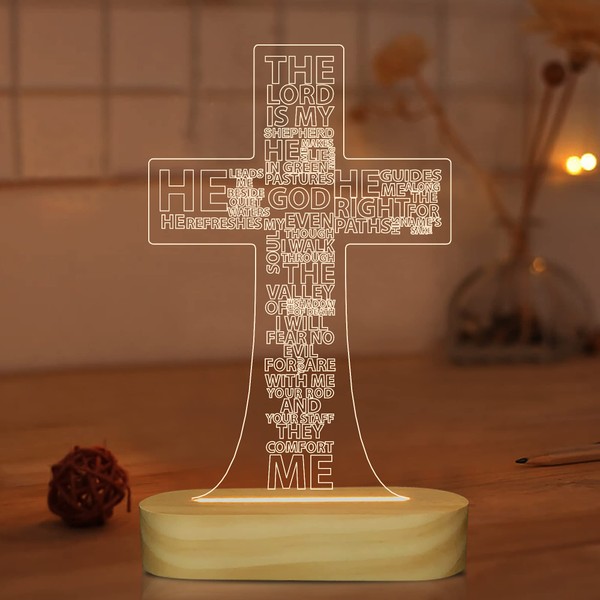 Jesus Cross 3D Night Light, Christ Optical Illusion Lights, Warm White Wooden Handmade, The Lord Desk Lamps Room Home Decor Xmas Birthday Easter Gifts
