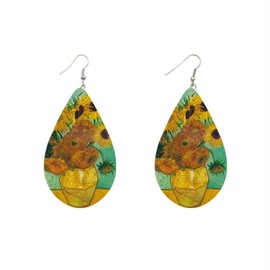 Van Gogh Starry Night Earrings Lightweight Wooden Teardrop Novelty Fun Earrings for Women (Sunflower)