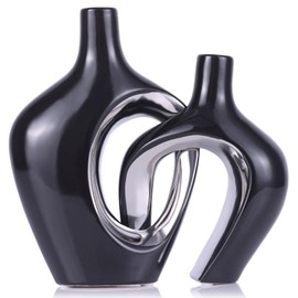 Black and Silver Hollow Ceramic Vase Set of 2, Modern Nordic Boho ins Style Aesthetic Decorative Flower Vase for Home Decor, Wedding, Living, Bedroom, Dining Table, Shelf, Mantle, Office Decor