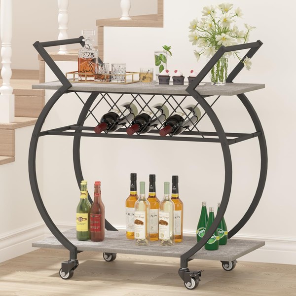 LVB Bar Cart with Wine Rack, 2 Tier Farmhouse Kitchen Cart on Wheels, Modern Wood and Metal Portable Coffee Cart Table for Home, Utility Industrial Mobile Serving Cart with Storage Shelf, Grey Oak