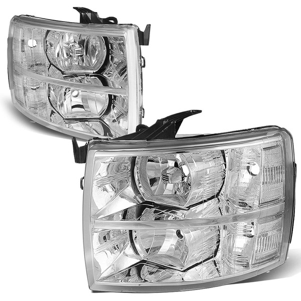 Auto Dynasty Factory Style Halogen Headlights Assembly Compatible with Chevy Silverado 1500 2500HD 3500 GMT900 2007-2014, Driver and Passenger Side, Chrome Housing Clear Corner