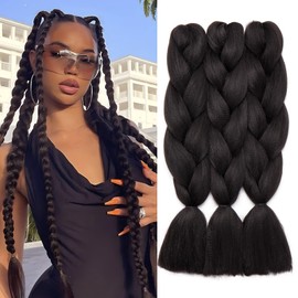 Benehair 3 Packs 24 Inch Braid Extensions Jumbo Box Braiding Hair for Twist Colorful Synthetic Hair Extensions for Braiding Black Hair Extensions for Women(3 Packs, Black)