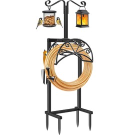 TomCare Garden Hose Holder with Shepherds Hooks Heavy Duty Water Hose Holder Holds 160 FT Hoses Freestanding Hose Reel with 2 Tool Hooks Stable Hoses Hanger Storage Stand for Outside Yard, Black