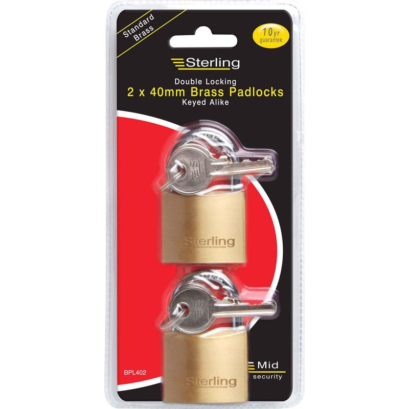 Sterling BPL402 2 x 40mm Medium Profile Brass Padlock-Keyed Alike