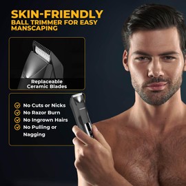 Body Hair Trimmer - Electric Manscape Trimmer for Men, Waterproof Ball Trimmer for Pubic/Body/Groin Grooming with w/Light & Travel Lock,Replaceable Ceramic Blade Heads,Wet/Dry Groomer - Sunset Orange