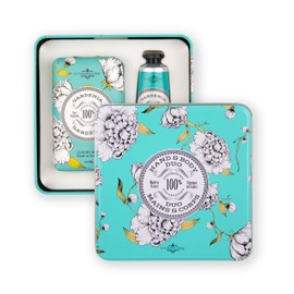 La Chatelaine Gardenia Triple Milled Bar Soap and 20% Shea Butter Hand Cream Gift Set, Gift for Mom, Decorative Tin, Plant-Based, Natural & Organic, Made in France (7 oz. soap bar, 1 oz. hand lotion)