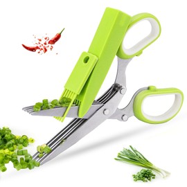 KISUOMAOYI Herb Scissors,Kitchen Scissors Multifunctional 5 Blade Kitchen,Scissors with Lid and Cleanup Comb,Stainless Steel Shears for Chopping Chives and Parsley（Green&White）