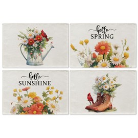 GPGHE Spring Placemats Set of 4 Daisy Cardinal Boots Hello Sunshine 12x18 Inch Linen Table Mats for Kitchen Dining Table Home Party Decor