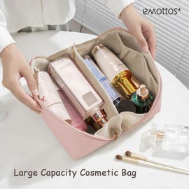 EMOTTOS Striped Travel Cosmetic Bag- Multifunctional PU Leather Portable Makeup Bag, Large Capacity Toiletry Bags Storage Bag with Handle and Divider for Women, Girls, Friends(Pink)