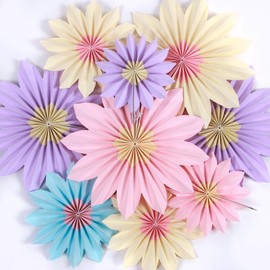 Homarkable 9 PCS Pastel Paper Flower Decorations,Yellow,Pink and Purple Pastel Party Decorations,Sunflower Folding Paper Fans,Classroom Decoration Paper Floral Backdrop Decor Paper Fans Decoration