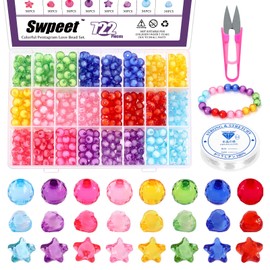 Swpeet 722pcs Acrylic Heart Beads Star Beads (Colourful) 8 Candy Colours 9/10/11 mm Plastic Cute Loose Beads Kit Contains Elastic Strings, Scissors for Girls Bracelets Jewellery Making DIY