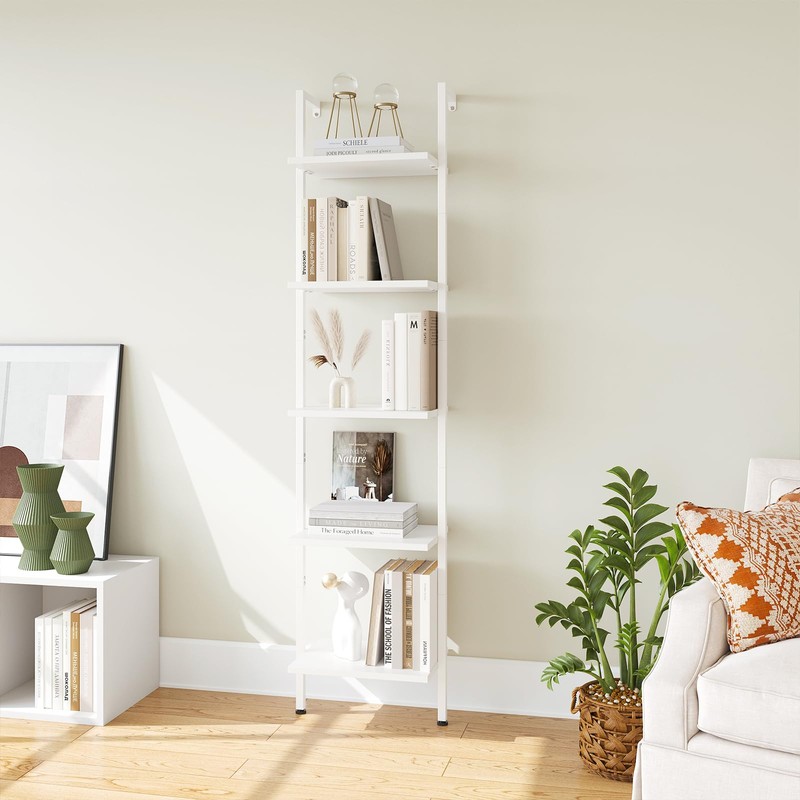 ELYKEN Ladder Shelf, White 5-Tier Wood Wall Mounted Bookshelf with