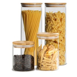 YULEER Glass Storage Containers, Glass Jar with Bamboo Lids, Airtight food Storage Canister for Spaghetti, Candy, Cookie, Cereal, Rice - Set of 4