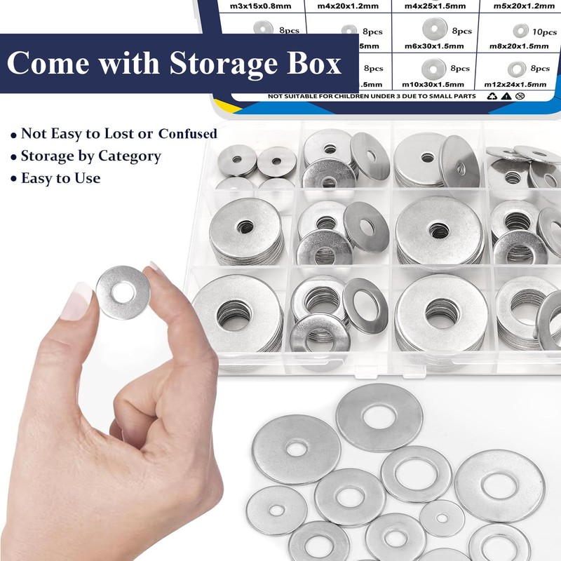 ZQZ 108Pcs Flat Washers, 304 Stainless Steel Fender Washers Assortment,
