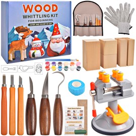 Wood Carving Tools Kit - 40pcs Whittling Kit with Mini Bench Vise, 6pcs Knives, 7pcs Blocks, 12 Colors of Paint, 6 Template, Gloves, Manual, Complete Woodworking Set for Beginners, Whittling Gifts